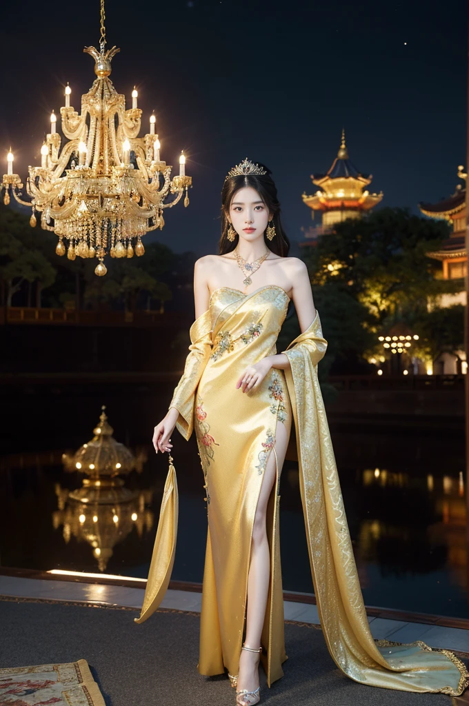 (((best quality))),(((ultra detailed))),(((masterpiece))),illustration,1 girl,solo,slim,thin,shoulder length straight bob hair,earrings,necklace,small breasts,flat chest,slender legs,high heels,Asian appearance,princess,royal,Chinese palace,night scene,magnificent dragon gown,golden crown,intricate embroidery,luxurious fabric,precious stones,metallic throne,decorative patterns,rich decorations,luxurious furnishings,regal charm,beautiful face,gentle smile,bright eyes,historical,traditional,city lights,modernity,frozen moment,beauty of the past,evolution of time,from front,full body,standing,arms behind back