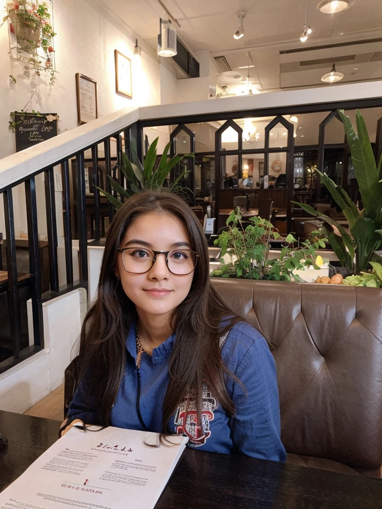 Cute girl with spectacles in a restaurant