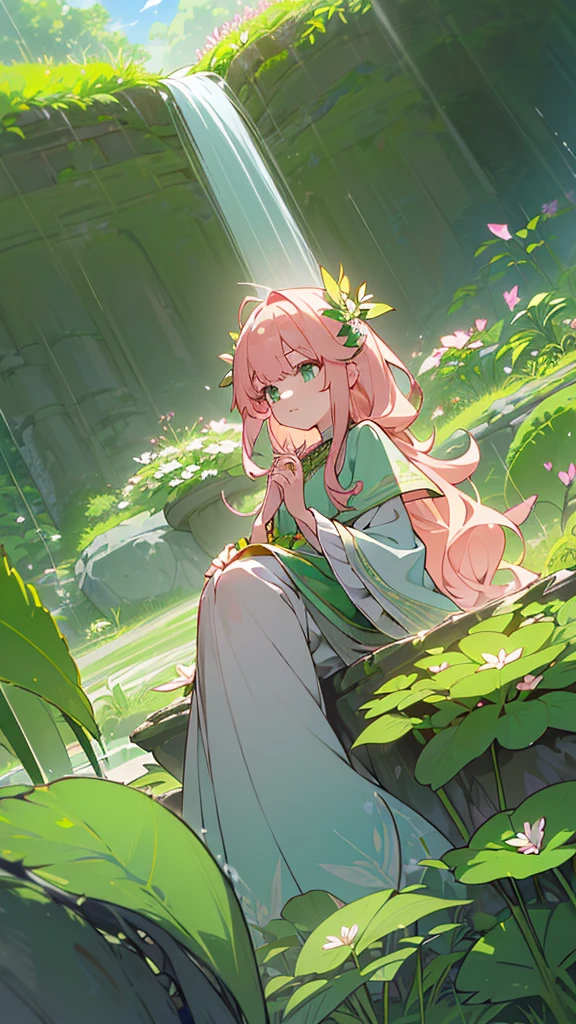 Name: Sakura Matsuno
Element: VERDANTHIA
Description: Matsuno, the Green Healer, revered for her extraordinary botanical knowledge and healing touch in her village. With her gentle spirit and soothing presence, she brings nature's harmony back to any placeminus humanity's impact.
Prompt: ((((Botanical bliss, Top tier, Ultrahigh resolution)))), 1girl, serene, sitting, (blossoming pink headband, long wavy cherry blossom hair), (immaculate green outfit), ((porcelain skin)), ((light olive eyes, glowing verdanThia orbs:0.8)), (((ultra detailed face, beautiful and ornate green eyes:0.9))), (((centered, introspective pose, outward view, separate shot of flowers))), voluptuous curves, looking to the side, light smile, ((delicate hands, intricately designed rings:1)), (hands resting on her lap), deep green eyes, brilliant sunlight, serene garden, ((lichen-covered rocks, verdant ferns and blossoming flowers, dynamic background,(((defined subject))), 25 years old, unassumingposture), (bursting puffs of gentle spring winds:0.2,((vegetation bloomsın response to presence)),((galindo)),(mysterious elegance), (( verdurd and vibrant )), (((frame:1, conservative)), ((nature surroundings), (ground level perspective),(((horizontal)), -60 degree view))