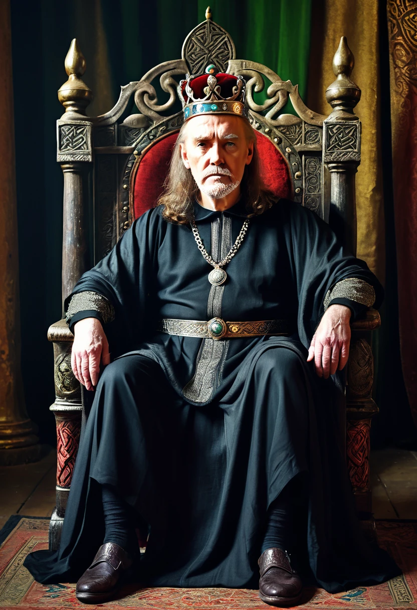 An old king sitting on his throne, mentally tormented、Celtic legends、Shakespeare's storybook world、