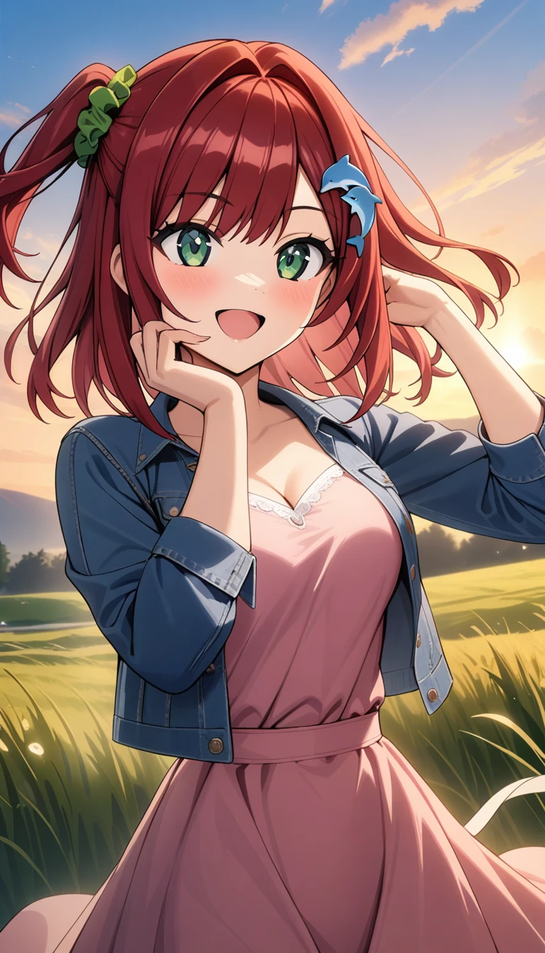 1girl, sakimiya iruka, dolphin wave, green eyes, red hair, one side up, hair ornament, green scrunchie,
pink dress, denim jacket, hand on own cheek, smile, sunrise, grass, wind,
masterpiece, best quality, very aesthetic, newest, cinematic lighting, highres, absurdres, incredibly absurdres