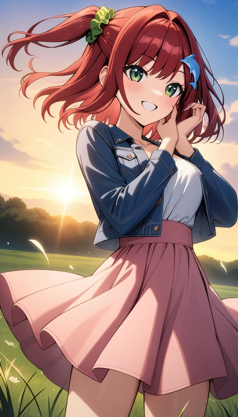 1girl, sakimiya iruka, dolphin wave, green eyes, red hair, one side up, hair ornament, green scrunchie,
pink dress, denim jacket, hand on own cheek, smile, sunrise, grass, wind,
masterpiece, best quality, very aesthetic, newest, cinematic lighting, highres, absurdres, incredibly absurdres