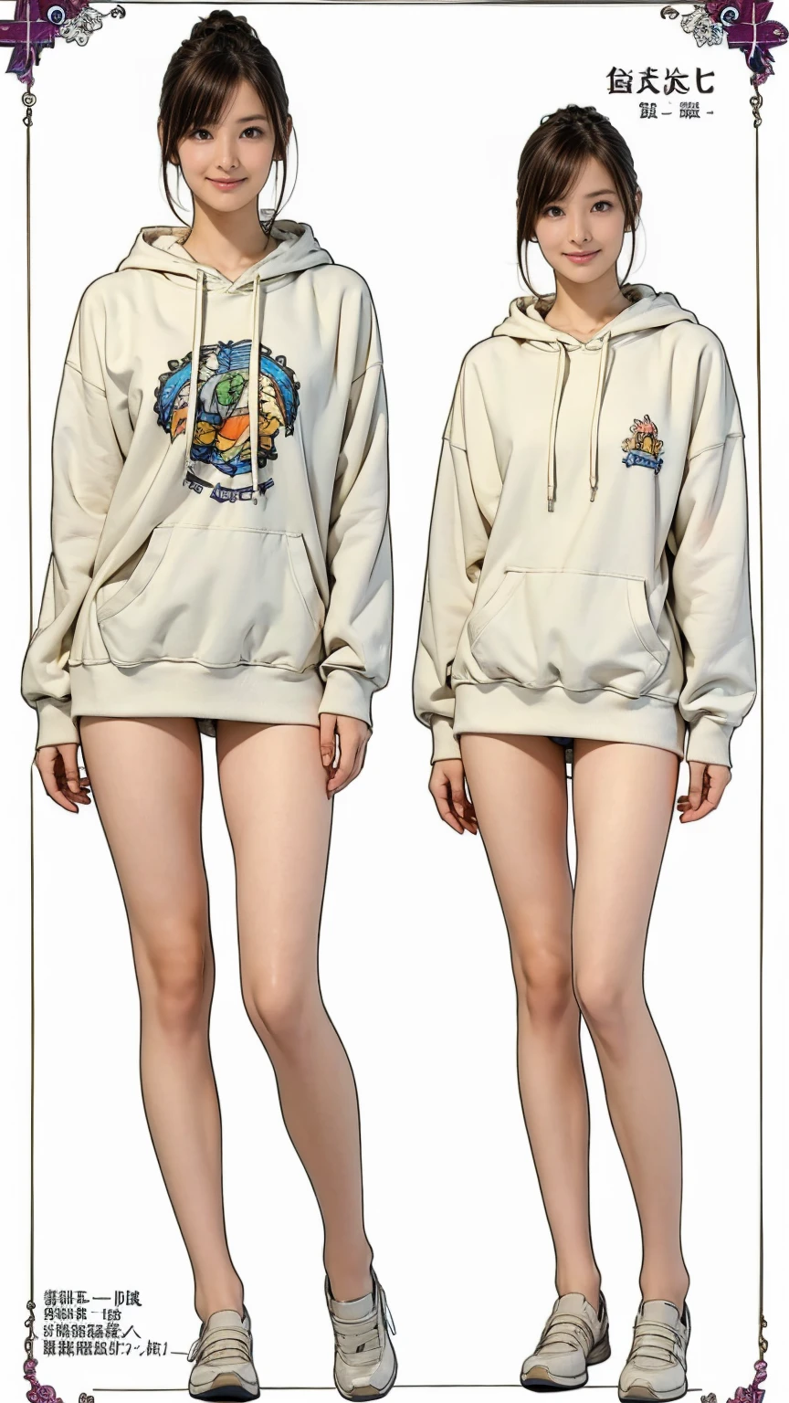 ((masterpiece)),(((Highest quality))),((Character design sheet)), Thin thighs,Long legs,18 year old Japanese girl, Cute type,The best smile:1.5、white long hoodie:1.5, Black panties peek:1.5,Short cut side wave ,