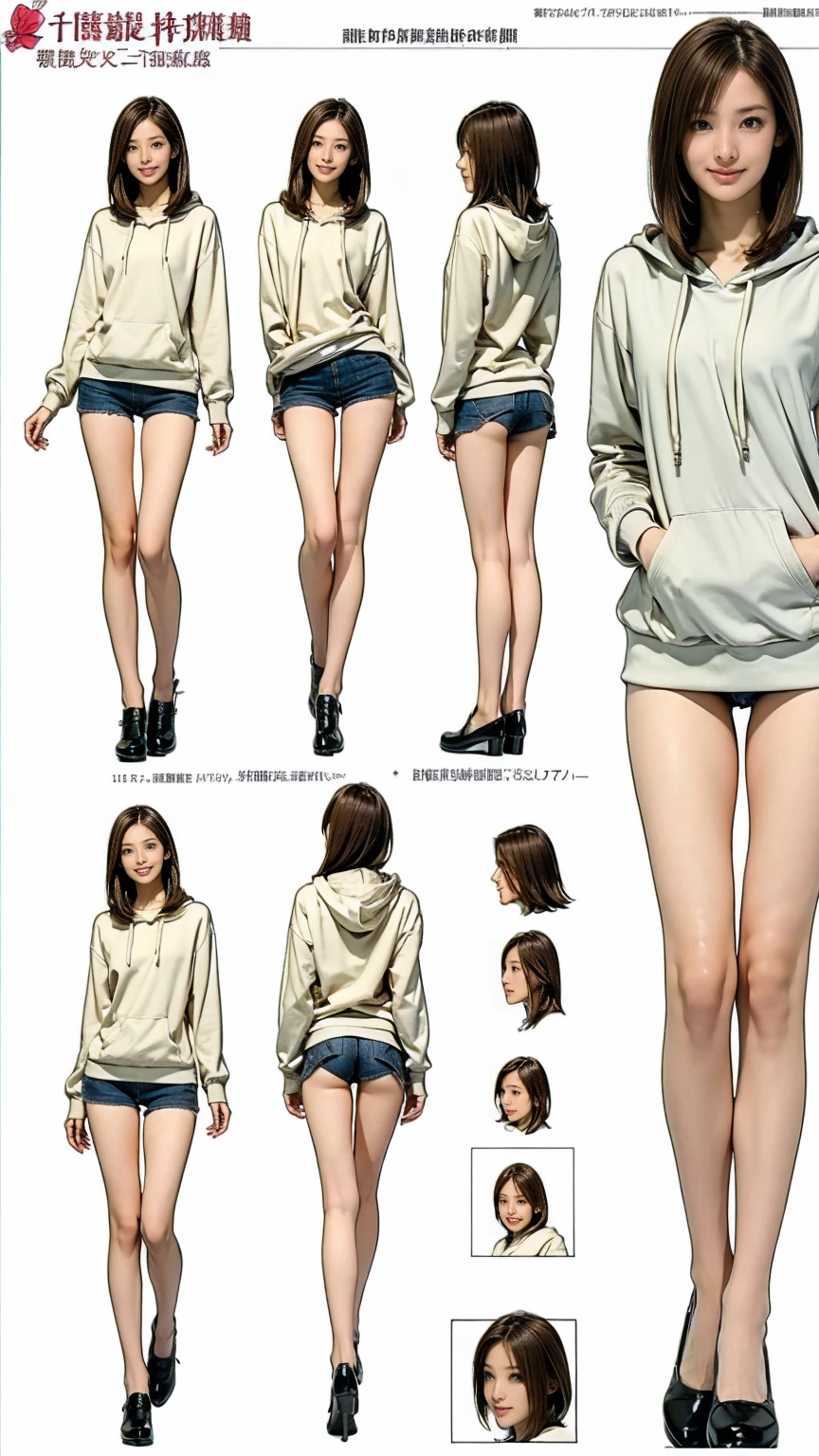 ((masterpiece)),(((Highest quality))),((Character design sheet)), Thin thighs,Long legs,18 year old Japanese girl, Cute type,The best smile:1.5、white long hoodie:1.5, Black panties peek:1.5,Short cut side wave ,
