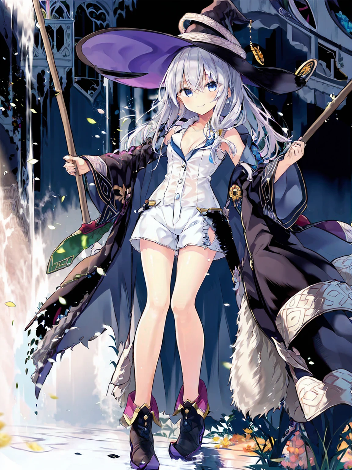 (8K, Highest quality, Highest quality, masterpiece), elaina, 1girl, witch_hat, brooch, boots, broom, wand, long hair, cleavage, smile, denim hot shorts, mini shorts, medium breasts