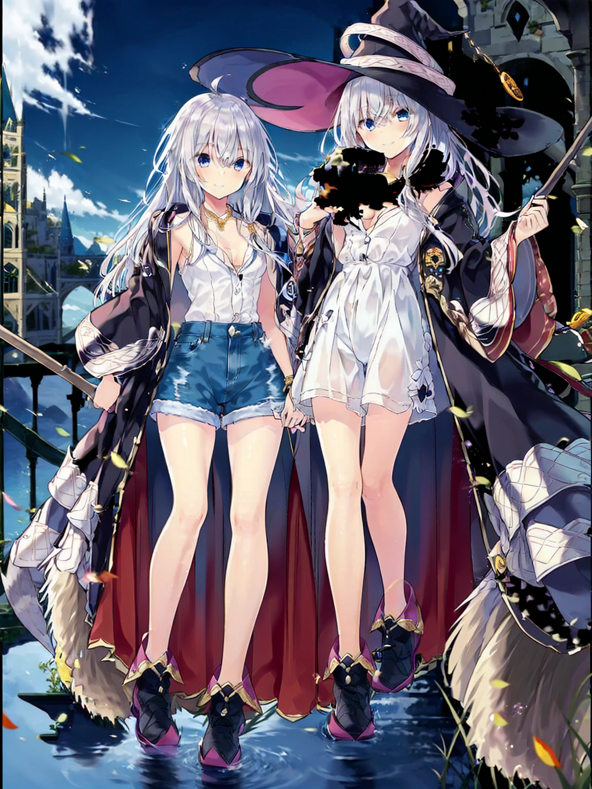 (8K, Highest quality, Highest quality, masterpiece), elaina, 1girl, witch_hat, brooch, boots, broom, wand, long hair, cleavage, smile, denim hot shorts, mini shorts, medium breasts