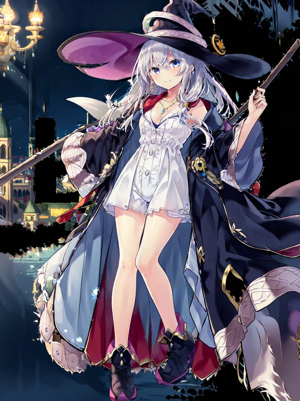 (8K, Highest quality, Highest quality, masterpiece), elaina, 1girl, witch_hat, brooch, boots, broom, wand, long hair, cleavage, smile, denim hot shorts, mini shorts, medium breasts