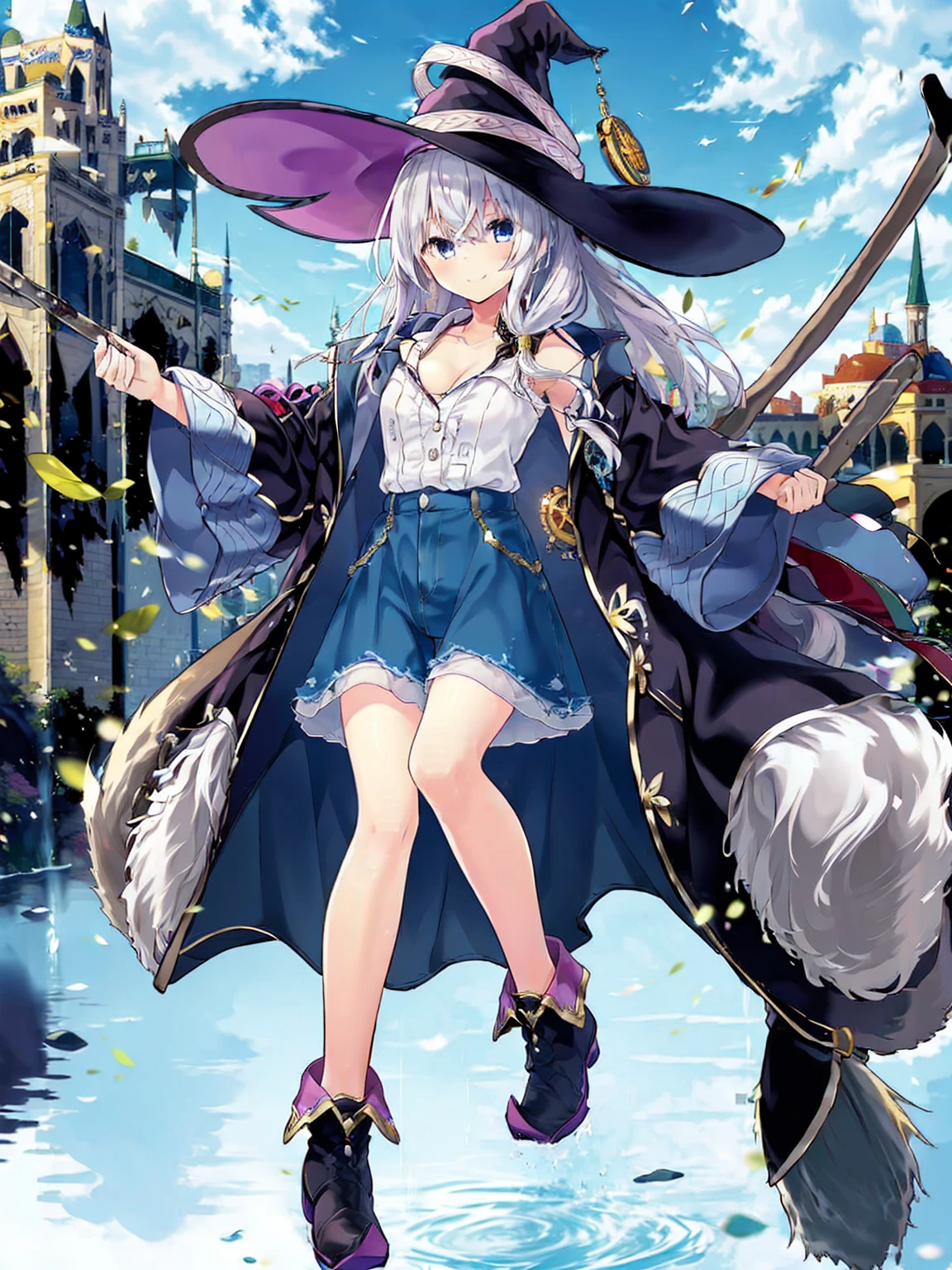 (8K, Highest quality, Highest quality, masterpiece), elaina, 1girl, witch_hat, brooch, boots, broom, wand, long hair, cleavage, smile, denim hot shorts, mini shorts, medium breasts