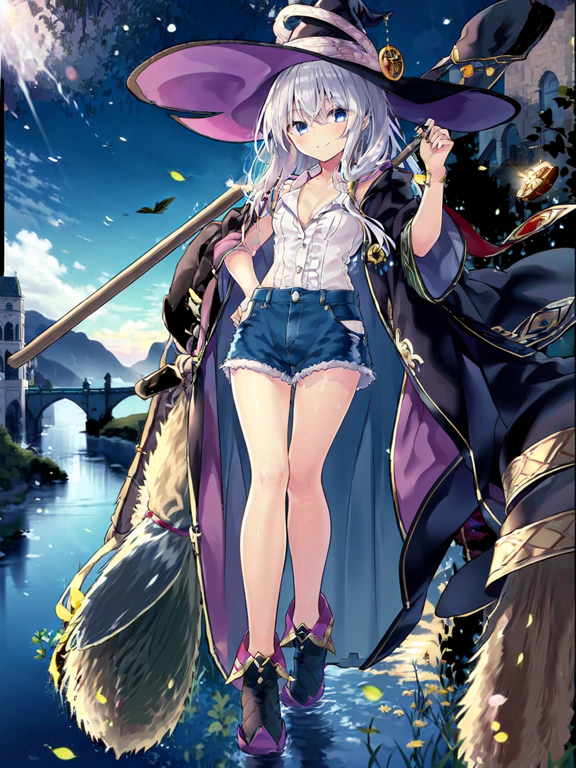 (8K, Highest quality, Highest quality, masterpiece), elaina, 1girl, witch_hat, brooch, boots, broom, wand, long hair, cleavage, smile, denim hot shorts, mini shorts, medium breasts