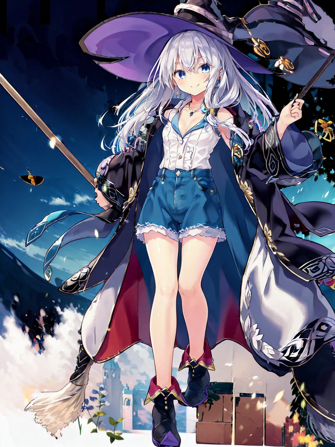 (8K, Highest quality, Highest quality, masterpiece), elaina, 1girl, witch_hat, brooch, boots, broom, wand, long hair, cleavage, smile, denim hot shorts, mini shorts, medium breasts