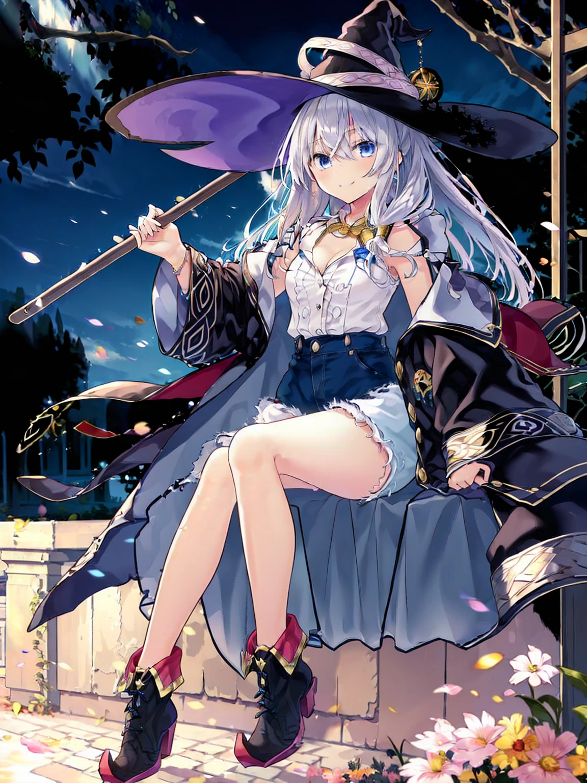 (8K, Highest quality, Highest quality, masterpiece), elaina, 1girl, witch_hat, brooch, boots, broom, wand, long hair, cleavage, smile, denim hot shorts, mini shorts, medium breasts