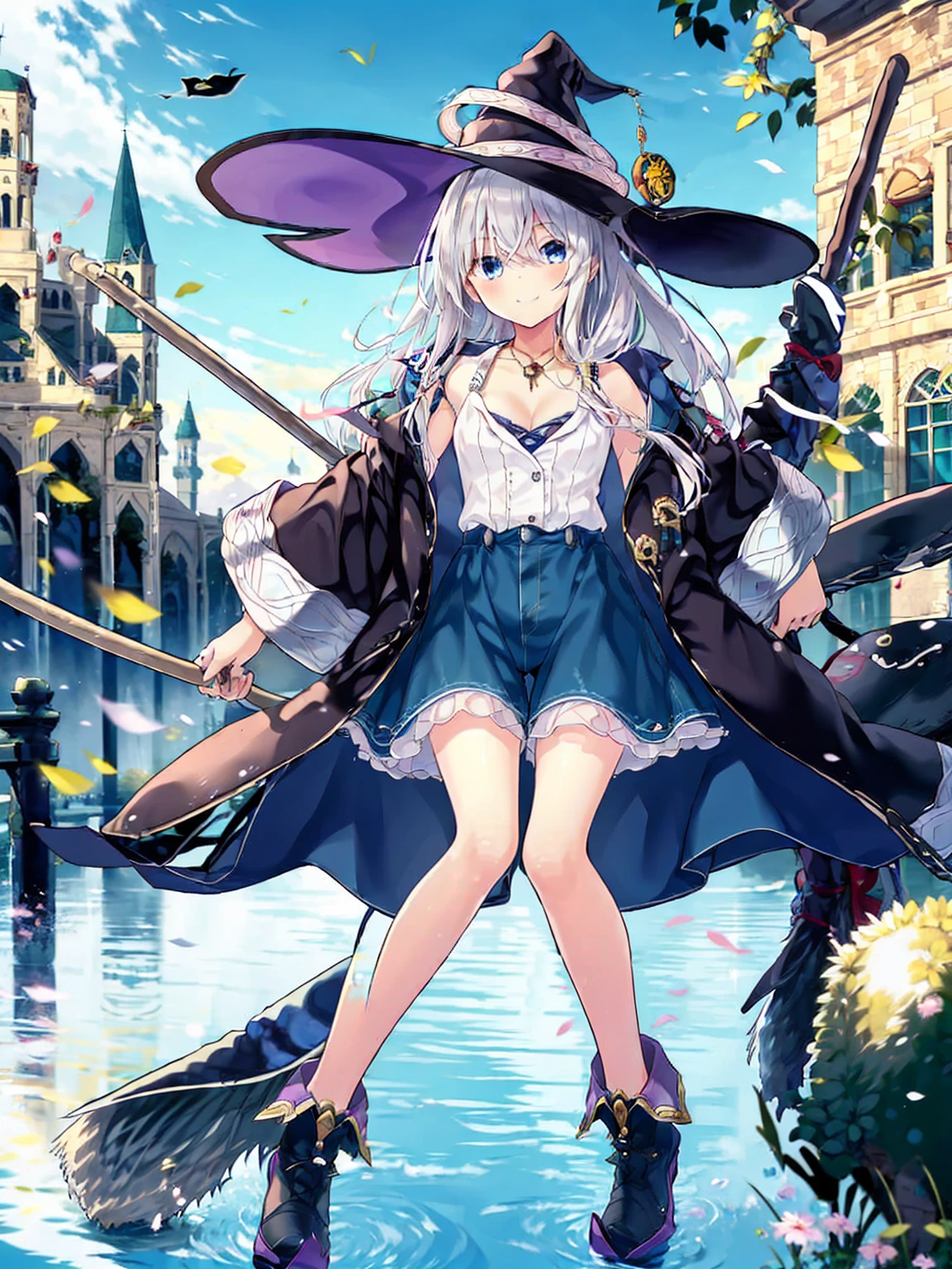 (8K, Highest quality, Highest quality, masterpiece), elaina, 1girl, witch_hat, brooch, boots, broom, wand, long hair, cleavage, smile, denim hot shorts, mini shorts, medium breasts