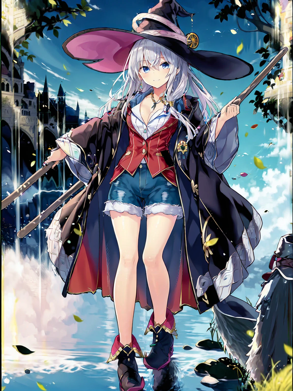 (8K, Highest quality, Highest quality, masterpiece), elaina, 1girl, witch_hat, brooch, boots, broom, wand, long hair, cleavage, smile, denim hot shorts, mini shorts, medium breasts