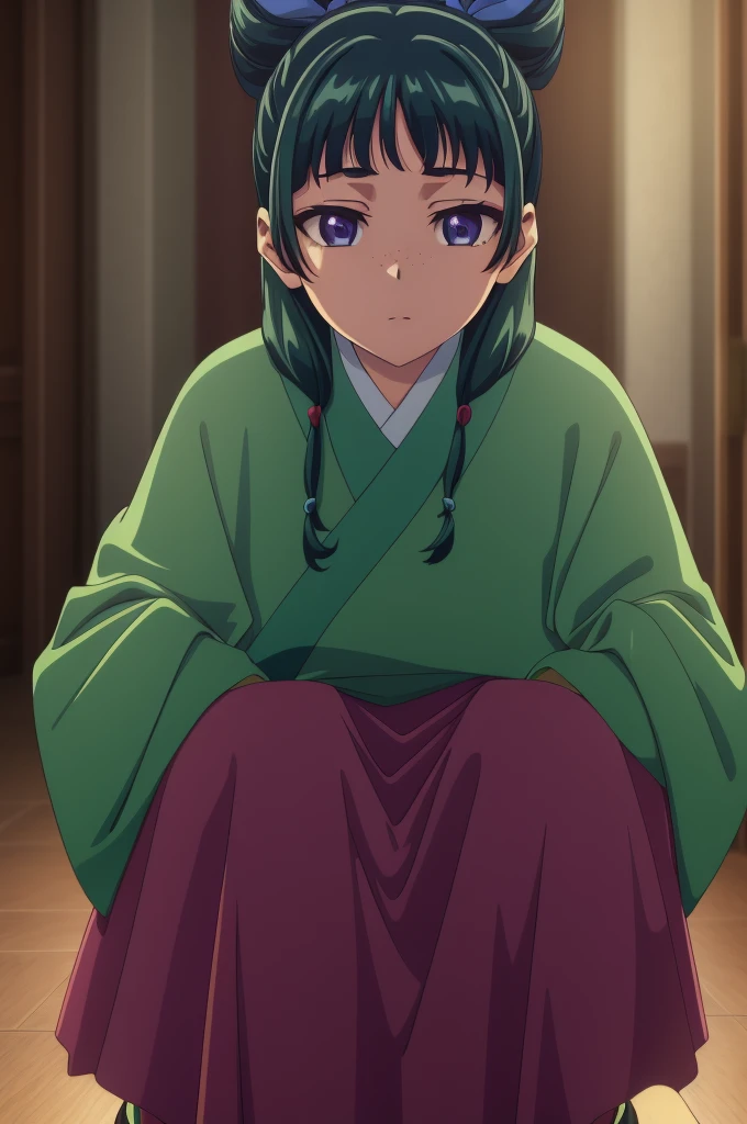 squatting,lattice,indoors, her stomach visible, her stomach visible
maomao,1girl,blunt bangs,green hair,long hair,blue eyes,solo,
gonvgreen,sidelocks,twin braids,hair over shoulder,hair beads,half updo,single hair bun,hair ribbon,blue ribbon,freckles,hanfu,green japanese clothes,long sleeves,wide sleeves,purple skirt,long skirt,shoes,, Exquisite visuals, high-definition,masterpiece,best quality,, 18yo,Young female,Beautiful Fingers,Beautiful long legs,Beautiful body,Beautiful Nose,Beautiful character design, perfect eyes, perfect face,expressive eyes,
official art,extremely detailed CG unity 8k wallpaper, perfect lighting,Colorful, Bright_Front_face_Lighting,shiny skin, 
(masterpiece:1.0),(best_quality:1.0), ultra high res,4K,ultra-detailed,
photography, 8K, HDR, highres, absurdres:1.2, Kodak portra 400, film grain, blurry background, bokeh:1.2, lens flare, (vibrant_color:1.2), (beautiful_face:1.5),(narrow_waist), ,NSFW,