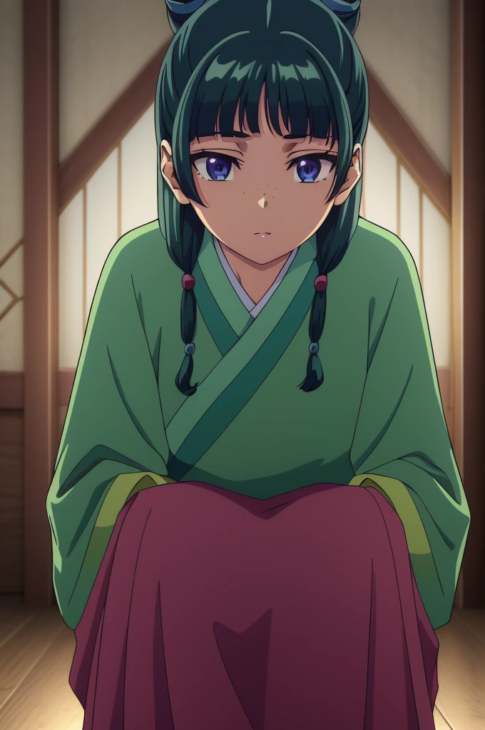 squatting,lattice,indoors, her stomach visible, her stomach visible
maomao,1girl,blunt bangs,green hair,long hair,blue eyes,solo,
gonvgreen,sidelocks,twin braids,hair over shoulder,hair beads,half updo,single hair bun,hair ribbon,blue ribbon,freckles,hanfu,green japanese clothes,long sleeves,wide sleeves,purple skirt,long skirt,shoes,, Exquisite visuals, high-definition,masterpiece,best quality,, 18yo,Young female,Beautiful Fingers,Beautiful long legs,Beautiful body,Beautiful Nose,Beautiful character design, perfect eyes, perfect face,expressive eyes,
official art,extremely detailed CG unity 8k wallpaper, perfect lighting,Colorful, Bright_Front_face_Lighting,shiny skin, 
(masterpiece:1.0),(best_quality:1.0), ultra high res,4K,ultra-detailed,
photography, 8K, HDR, highres, absurdres:1.2, Kodak portra 400, film grain, blurry background, bokeh:1.2, lens flare, (vibrant_color:1.2), (beautiful_face:1.5),(narrow_waist), ,NSFW,