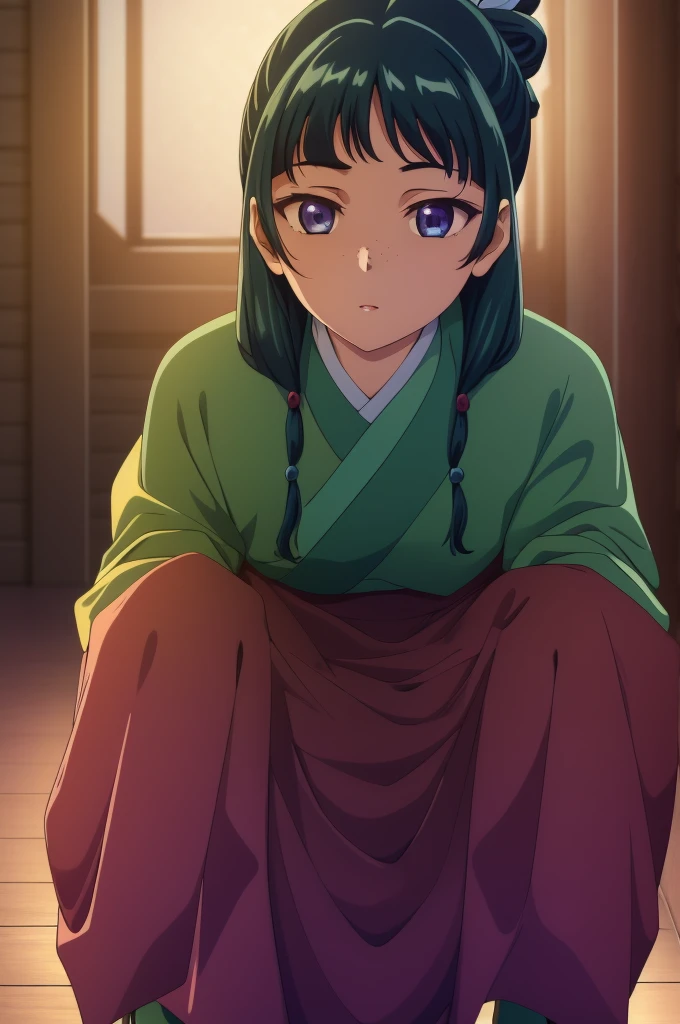 squatting,lattice,indoors, her stomach visible, her stomach visible
maomao,1girl,blunt bangs,green hair,long hair,blue eyes,solo,
gonvgreen,sidelocks,twin braids,hair over shoulder,hair beads,half updo,single hair bun,hair ribbon,blue ribbon,freckles,hanfu,green japanese clothes,long sleeves,wide sleeves,purple skirt,long skirt,shoes,, Exquisite visuals, high-definition,masterpiece,best quality,, 18yo,Young female,Beautiful Fingers,Beautiful long legs,Beautiful body,Beautiful Nose,Beautiful character design, perfect eyes, perfect face,expressive eyes,
official art,extremely detailed CG unity 8k wallpaper, perfect lighting,Colorful, Bright_Front_face_Lighting,shiny skin, 
(masterpiece:1.0),(best_quality:1.0), ultra high res,4K,ultra-detailed,
photography, 8K, HDR, highres, absurdres:1.2, Kodak portra 400, film grain, blurry background, bokeh:1.2, lens flare, (vibrant_color:1.2), (beautiful_face:1.5),(narrow_waist), ,NSFW,