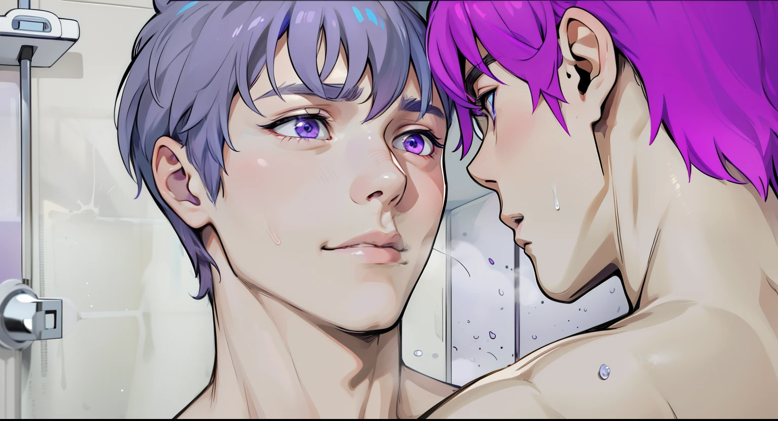 two young 16-year-old men, one cute young man with gray hair and purple hair, purple eyes, and the other with blue eyes, are in the shower without a shirt, looking at each other with desire and sensuality.