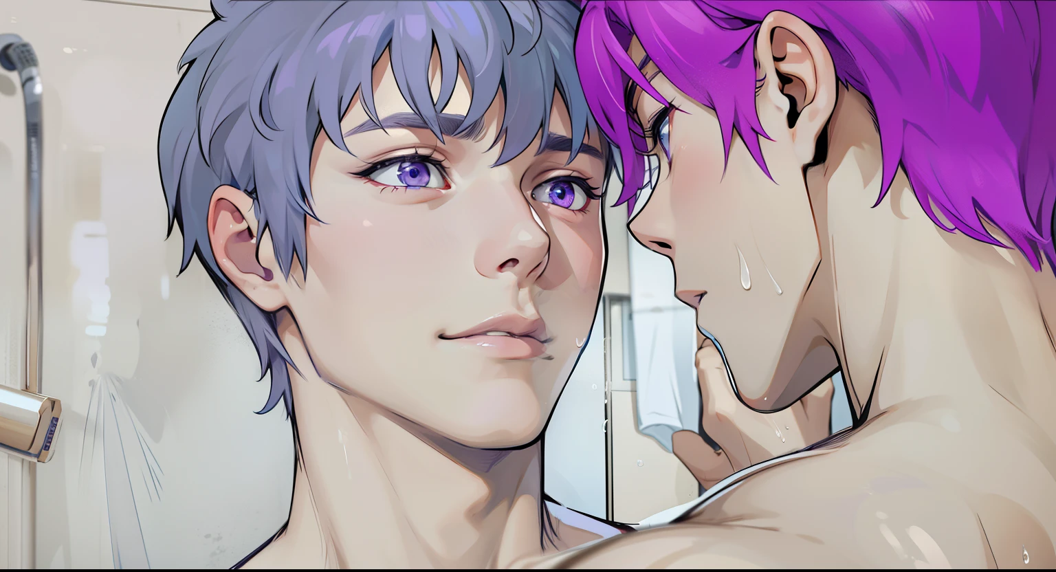 two young 16-year-old men, one cute young man with gray hair and purple hair, purple eyes, and the other with blue eyes, are in the shower without a shirt, looking at each other with desire and sensuality.
