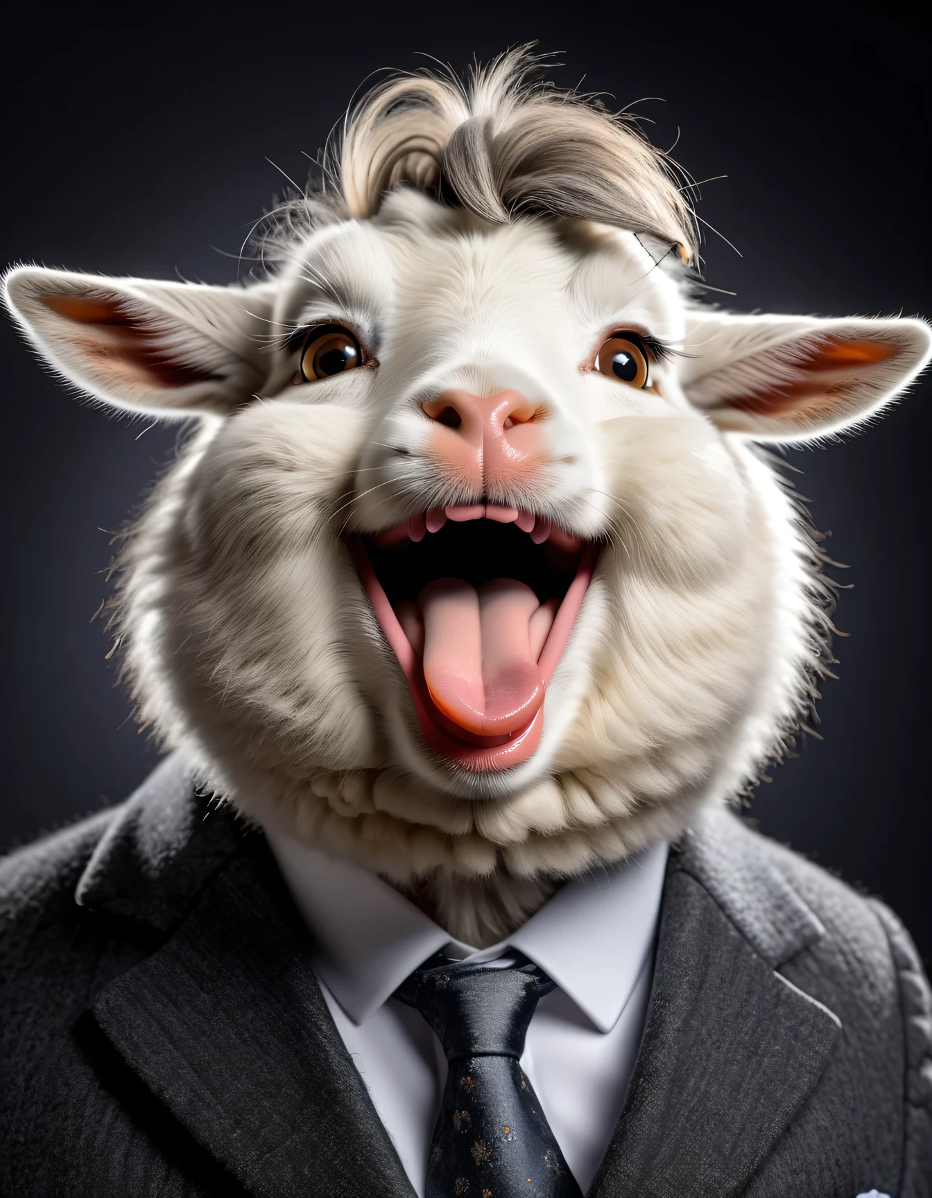 face close up photo of anthropomorphic fat angora goat,(furry), dressed in a dark gray suit, (sticking out tongue:1.5),(happy smile:1.5),(naughty look), roomlighting, Cinematic, hdr, primitive, Intricate, High quality, smoothing tones, Intricate details, Low contrast,(viewed from side above:2.0), (looking up to the side:2.0), simple background
