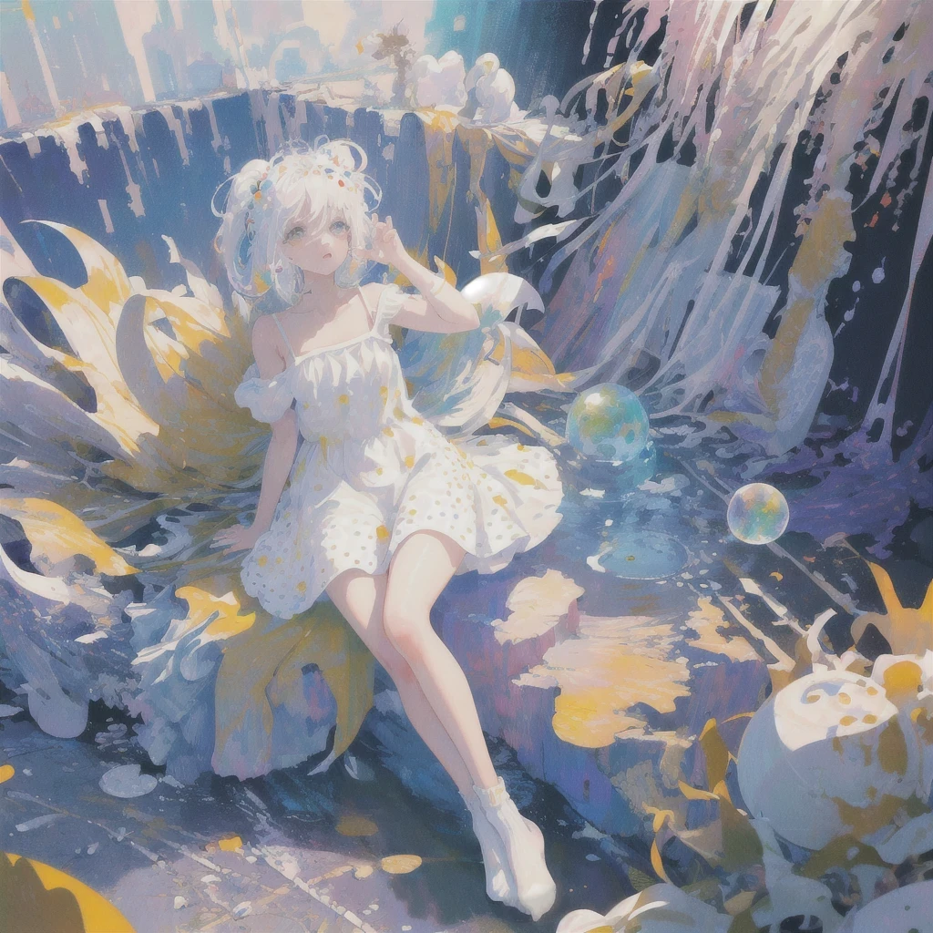 (masterpiece, best quality:1.2), (ultra detailed),(illustration), wallpaper, original, 1girl, messy white hair, spaghetti strap, white dress, bare legs, White socks, bare arms, space, Earth background, near-earth orbit, full body, ,(surrounded by colorful splashes and dot),colorful bubble,(shining)