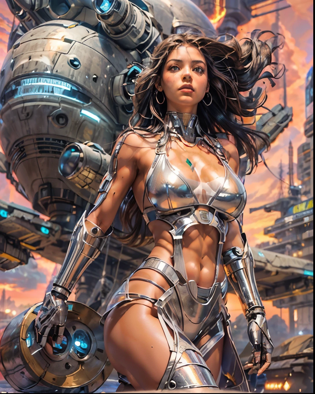 (((low angle shot))), ((women fighting in war wearing ultra thin translucent bikini with gorgeous muscular long legs)), ((pink silver black)), prismatic, reflective, ((ultra perfect flowing hairstyle)), (((huge natural breasts, tan lines))), ((perfect radiant skin color)), ((super colourful)), (((cinematic sunset gorgeous skies))), (((detailed spaceship background and incredibly sci-fi retro art masterpiece))), (((1:1 scale proportions))), ((science fiction)), ((chrome spaceships)), (((ultra photorealistic realism))), ((Smooth curves, clean lines, streamlined, functional aesthetics, reflective surfaces, integrated lighting, giant floating spaceships, engraved Egyptian and spiritual motifs)), ((acrylic plastic robot))