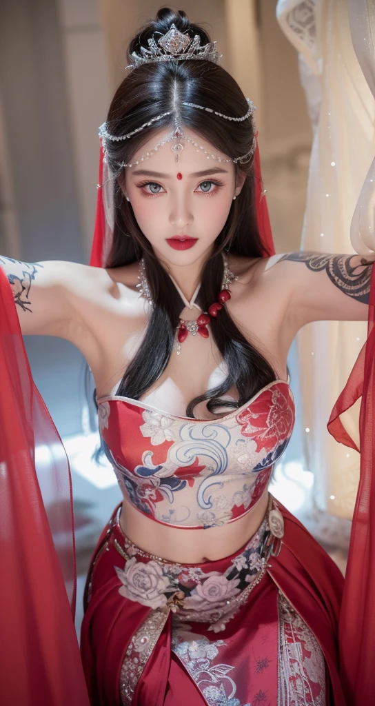 (front focus),Surrealist female portraits by David Hockney and Alphonse Mucha,((엄청나게 huge breasts))、((upper body naked))、( exposed)、bed、((attractive pose))、fantasy art,(((blue braided short hair)))、((sexy embroidered red and black bondage costume))、((Luxurious red and black bondage outfit with sexy embroidery))、((Sexy Bondage、Red gold high-end bond outfit with minimal embroidery.))、Sexy embroidery beautifully embroidered on a luxurious black red bond costume,High-quality bonded clothing with exquisite embroidery and adorned with exquisite jewellery,realistic,dynamic lighting,art station,poster,volumetric lighting,A more detailed face,4K'',((huge breasts))、Includes diamonds,sexy thighs,abdominal exposure ,Bust 1 Girl, in the dark, deep shadows, low song, cowboy shot,(Formal attire:1.4), The eyes are confusing and fascinating.,legs separated