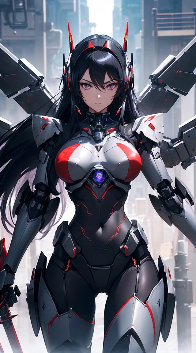 ((Shining lenses on both breasts:1.3))、((Pillars of red light radiate from both chests..:1.3))、((Attack pose:1.6))、((He has a red sword and a long rifle:1.6))、((Battle Scenes:1.8))、((8K)), ((32k)), ((Highest quality)), ((masterpiece)), ((超A high resolution)), ((Tmasterpiece)), ((Halation:1.4))、((Mechaニカルheadgear:1.2))、((Cyber Headphones:1.3))Fine skin, High quality fabric, High-quality metal texture、((Beautiful and dense face))、RAW Photos、Professional, Ultra-fine painting, ((alone)), Beautiful breasts、Highest quality, Very detailed, Very detailed詳細, Finer details, so beautiful, ((Black Knight Robot:1.2)),  (Joint of the machine, Mechanical Limbs:1.3), (The internal structure of the machine is exposed:1.3), (Long black hair:1.1), (Beautiful and huge mechanical breasts)、White Veil, cowboy_shot, Side Focus, headgear, Shiny、(Five Fingers, Four fingers and thumb),Concept Art, Anime fantasy artwork, Detailed fantasy art, (Has light blue-purple hair and black wings,,,,,,), (((Long black hair))), (Mecha:1.6)、Sleek and intimidating design,  (Jet black perfect robot body)、Jet black and reddish purple arms, Symmetrical wings, 8K High Resolution, Detailed Art, 3D rendering of character art in 8K, neat legs, Defined, Defined fingers,((headshot:1.6))