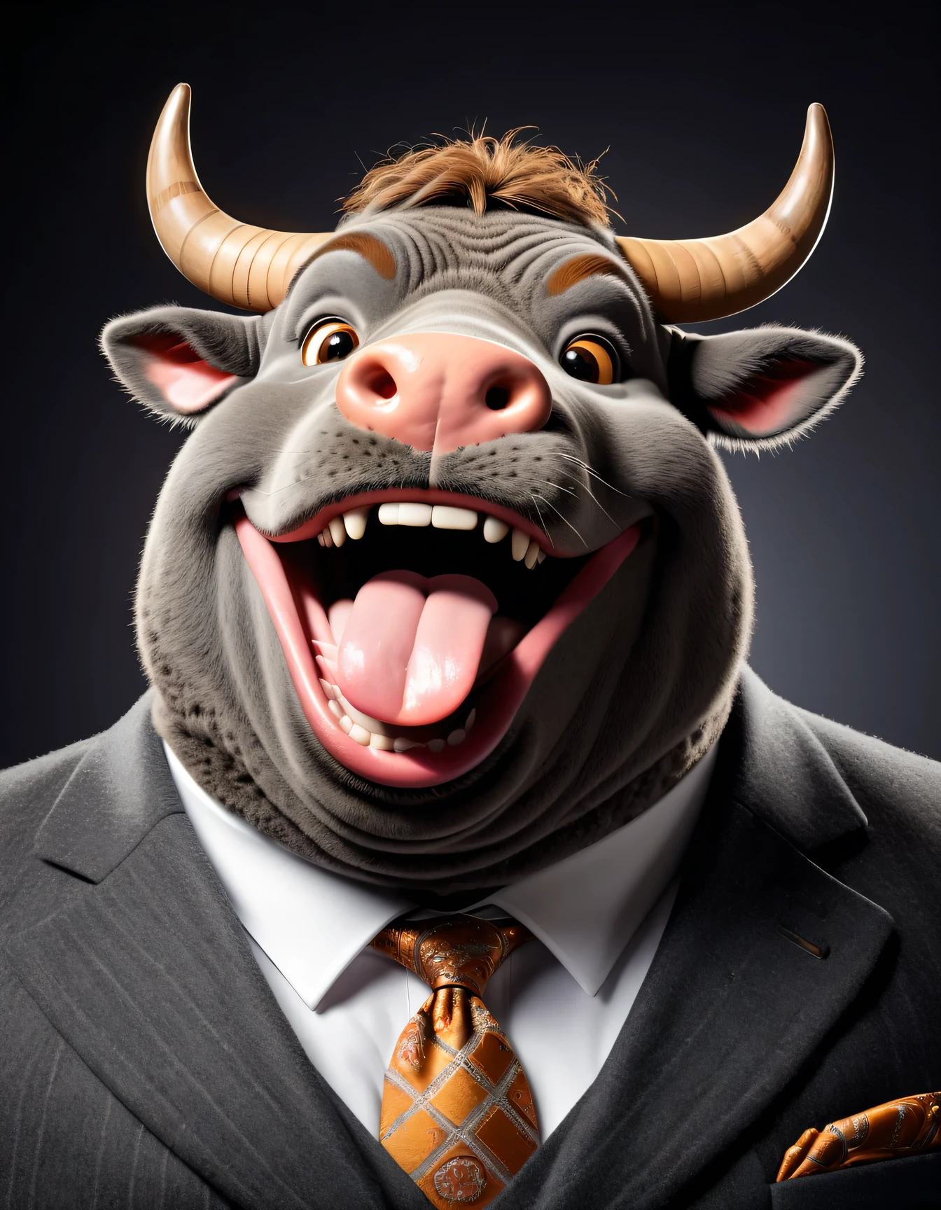 face close up photo of anthropomorphic fat bull,(furry), dressed in a dark gray suit, (sticking out tongue:1.5),(happy smile:1.5),(naughty look), roomlighting, Cinematic, hdr, primitive, Intricate, High quality, smoothing tones, Intricate details, Low contrast,(viewed from side above:2.0), (looking up to the side:2.0), simple background