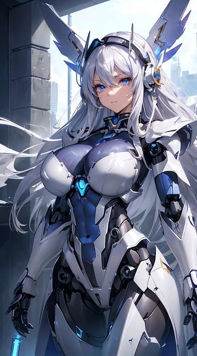 ((Intense action pose:1.6))、((Shining lenses on both breasts:1.3))、((Blue pillars of light are emanating from both chests.:1.3))、smile、((8K)), ((32k)), ((Highest quality)), ((masterpiece)), ((超A high resolution)), ((Tmasterpiece)), ((Halation:1.4))、((Mechaニカルheadgear:1.2))、((Cyber Headphones:1.3))、Fine skin, High quality fabric, Fine metal texture、((Beautiful and dense face))、RAW Photos、Professional, Ultra-fine painting, ((alone)), Beautiful breasts、Highest quality, Very detailed, Very detailed詳細, Finer details, so beautiful, ((Princess Knight Robot:1.2)), (Joints of machines, Mechanical Limbs:1.3), (The internal structure of the machine is exposed:1.3), (Long silver hair:1.1), (Beautiful and huge mechanical breasts)、White Veil, cowboy_shot, Side Focus, headgear, Shiny、(Five Fingers, Four fingers and thumb),Concept Art, Anime fantasy artwork, Detailed fantasy art, (with pale blue-violet hair and large white wings,,,,,,,), (((Long silver hair))), (Mecha:1.6)、Sleek and intimidating design, ((Commander-in-Chief'arm)), (Perfect robot body)、純白と青紫armまたは, Symmetrical wings, 8K high quality, detailed art, 3D rendering of character art in 8K, neat legs, Defined, Defined fingers,