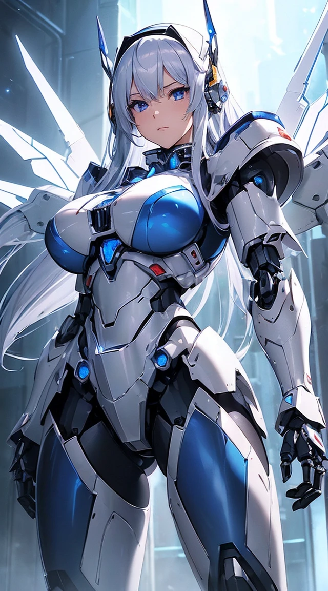 ((Intense action pose:1.6))、((Shining lenses on both breasts:1.3))、((Blue pillars of light are emanating from both chests.:1.3))、smile、((8K)), ((32k)), ((Highest quality)), ((masterpiece)), ((超A high resolution)), ((Tmasterpiece)), ((Halation:1.4))、((Mechaニカルheadgear:1.2))、((Cyber Headphones:1.3))、Fine skin, High quality fabric, Fine metal texture、((Beautiful and dense face))、RAW Photos、Professional, Ultra-fine painting, ((alone)), Beautiful breasts、Highest quality, Very detailed, Very detailed詳細, Finer details, so beautiful, ((Princess Knight Robot:1.2)),  (Joints of machines, Mechanical Limbs:1.3), (The internal structure of the machine is exposed:1.3), (Long silver hair:1.1), (Beautiful and huge mechanical breasts)、White Veil, cowboy_shot, Side Focus, headgear, Shiny、(Five Fingers, Four fingers and thumb),Concept Art, Anime fantasy artwork, Detailed fantasy art, (with pale blue-violet hair and large white wings,,,,,,,), (((Long silver hair))), (Mecha:1.6)、Sleek and intimidating design, ((Commander-in-Chief&#39;arm)), (Perfect robot body)、純白と青紫armまたは, Symmetrical wings, 8K high quality, detailed art, 3D rendering of character art in 8K, neat legs, Defined, Defined fingers,