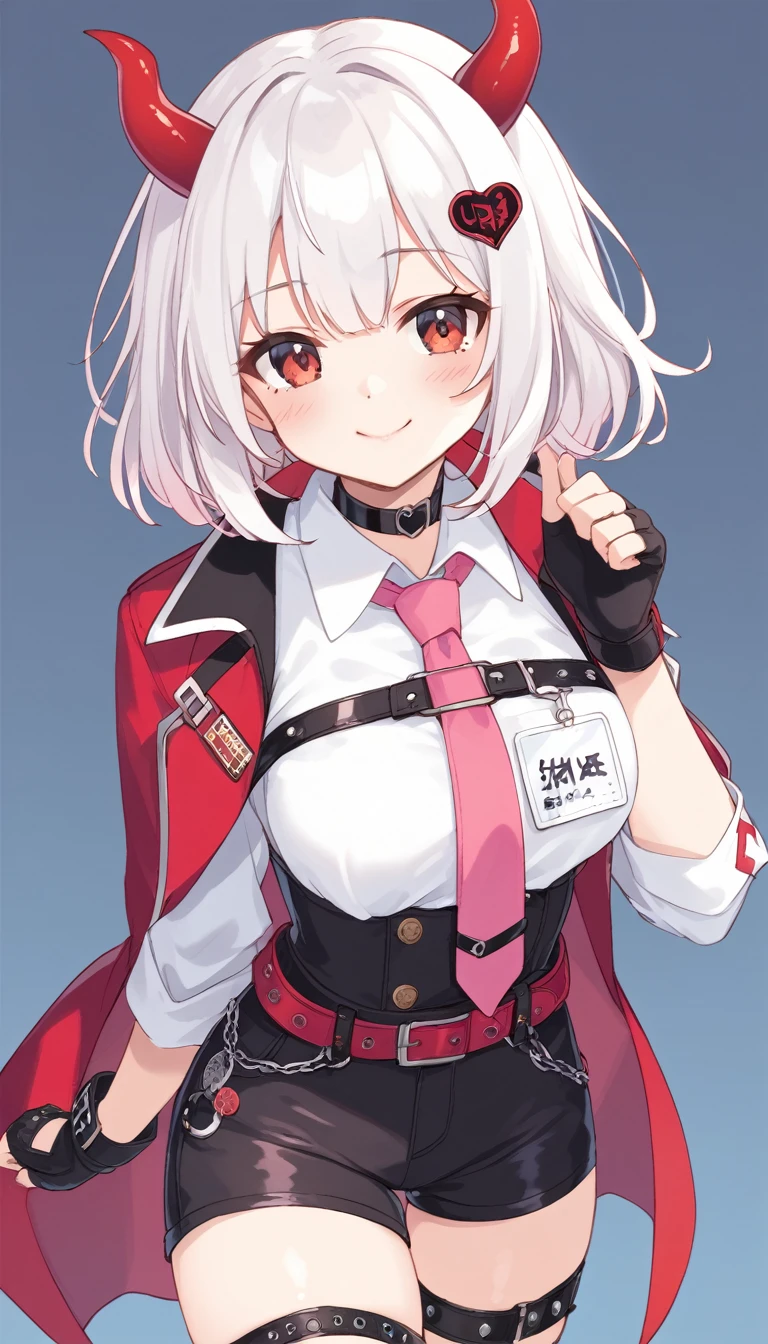 Teenage girl, devil girl, small red horns, white hair, short fluffy hair, big red eyes, pale skin, blushing cheeks,red cheeks, brown eyes, hair ornament, white shirt, long sleeves, pink tie, black choker, harness, name tag, multiple belts, high waist shorts, black shorts, thigh strap, fingerless glove, simple glove, full body, alone