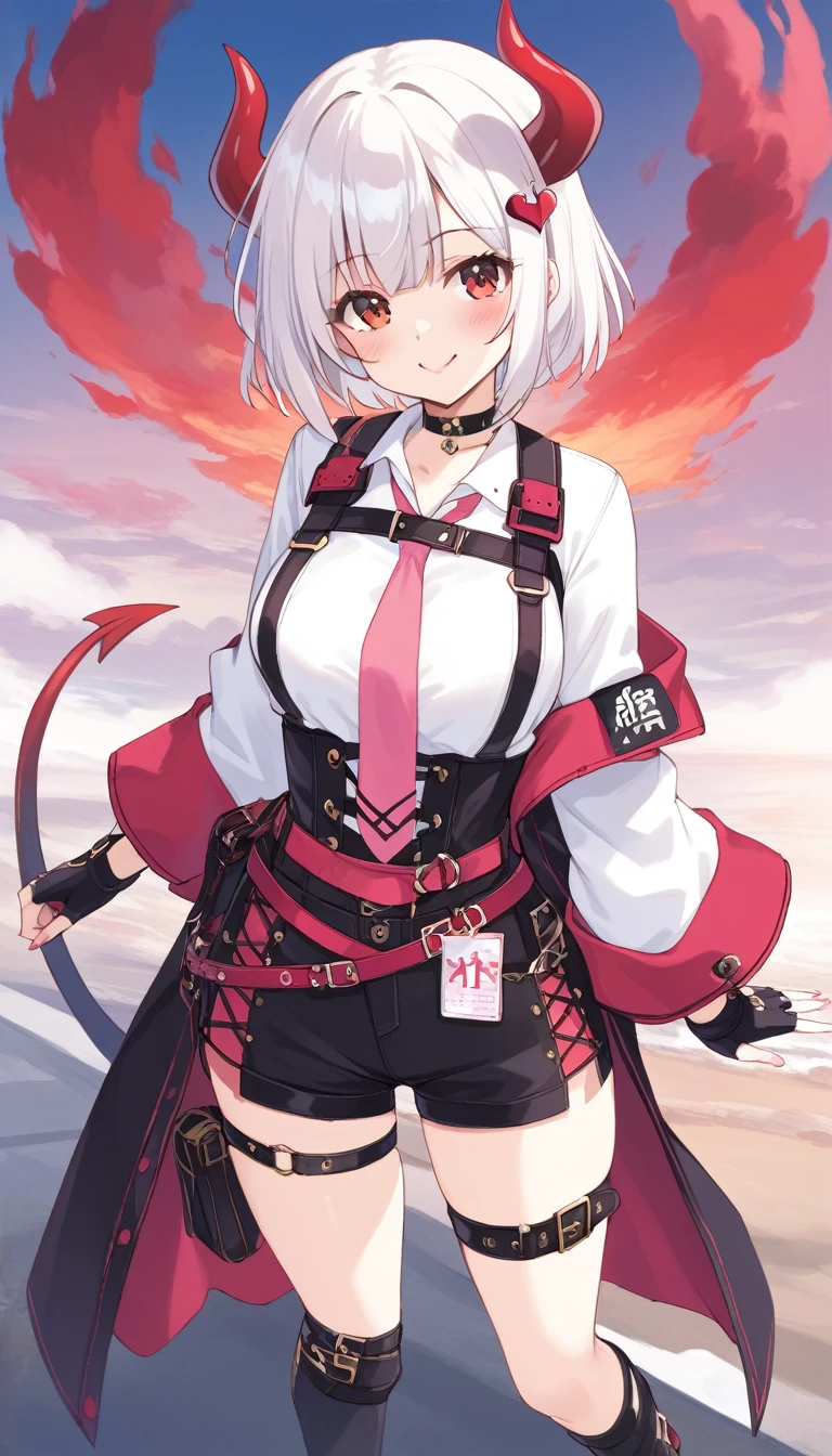 girl, devil girl, small red horns, white hair, short fluffy hair, big red eyes, pale skin, blushing cheeks,red cheeks, brown eyes, hair ornament, white shirt, long sleeves, pink tie, black choker, harness, name tag, multiple belts, high waist shorts, black shorts, thigh strap, fingerless glove, simple glove, full body, alone