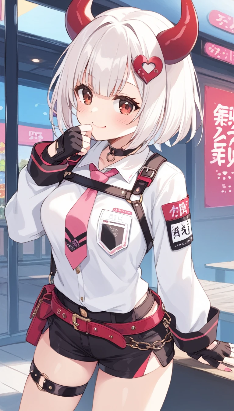 Teenage girl, devil girl, small red horns, white hair, short fluffy hair, big red eyes, pale skin, blushing cheeks,red cheeks, brown eyes, hair ornament, white shirt, long sleeves, pink tie, black choker, harness, name tag, multiple belts, high waist shorts, black shorts, thigh strap, fingerless glove, simple glove, full body, alone