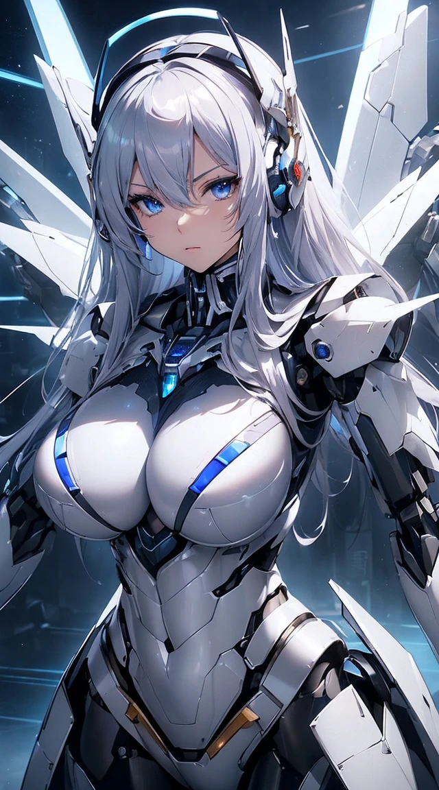 ((Intense action pose:1.6))、((Shining lenses on both breasts:1.3))、((Blue pillars of light are emanating from both chests.:1.3))、smile、((8K)), ((32k)), ((Highest quality)), ((masterpiece)), ((超A high resolution)), ((Tmasterpiece)), ((Halation:1.4))、((Mechaニカルheadgear:1.2))、((Cyber Headphones:1.3))、Fine skin, High quality fabric, Fine metal texture、((Beautiful and dense face))、RAW Photos、Professional, Ultra-fine painting, ((alone)), Beautiful breasts、Highest quality, Very detailed, Very detailed詳細, Finer details, so beautiful, ((Princess Knight Robot:1.2)), (Joints of machines, Mechanical Limbs:1.3), (The internal structure of the machine is exposed:1.3), (Long silver hair:1.1), (Beautiful and huge mechanical breasts)、White Veil, cowboy_shot, Side Focus, headgear, Shiny、(Five Fingers, Four fingers and thumb),Concept Art, Anime fantasy artwork, Detailed fantasy art, (with pale blue-violet hair and large white wings,,,,,,,), (((Long silver hair))), (Mecha:1.6)、Sleek and intimidating design, ((Commander-in-Chief'arm)), (Perfect robot body)、純白と青紫armまたは, Symmetrical wings, 8K high quality, detailed art, 3D rendering of character art in 8K, neat legs, Defined, Defined fingers,