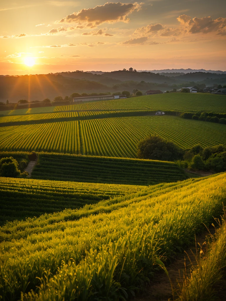 The sun sets over the peaceful countryside, Golden light illuminates the fields、It shows hard work and a connection to the land.: rural life:0.9, Sunset landscape:0.8, Farmer's dedication:0.7, Links to agriculture:0.6., Picture book illustrations :1.7, Maximalism