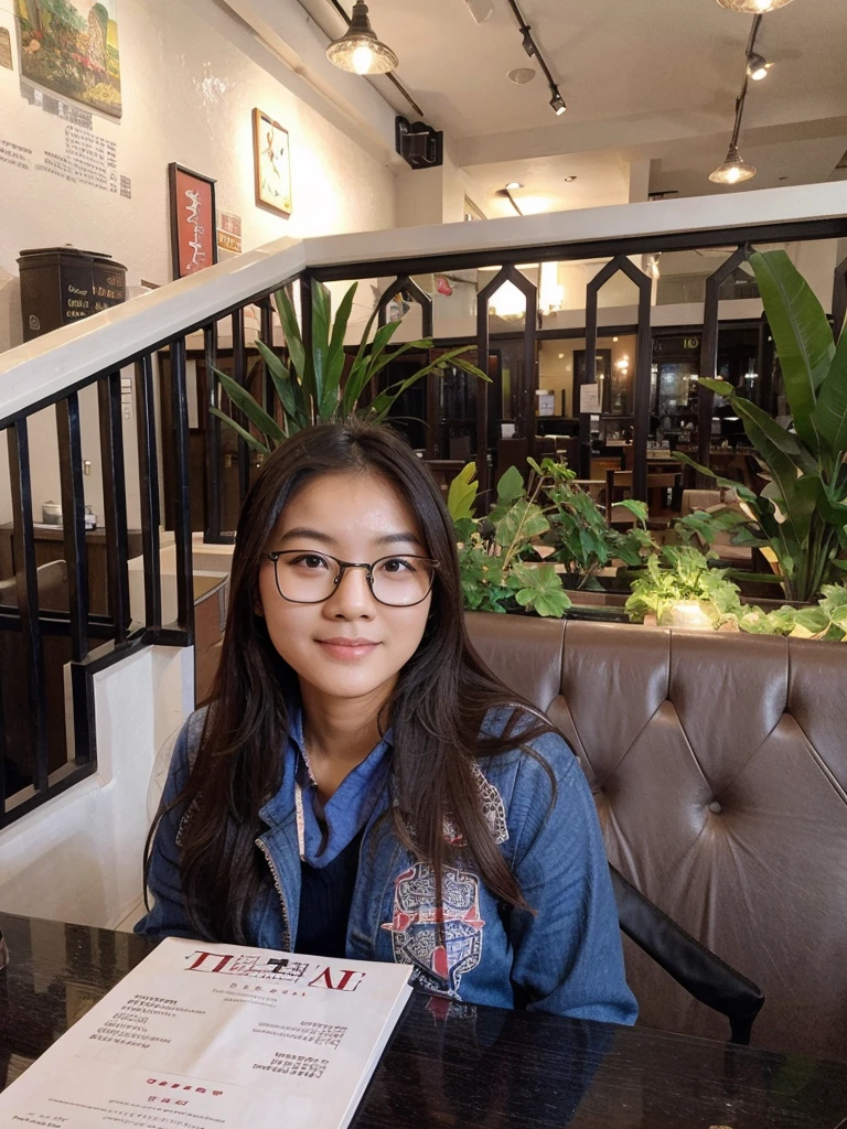 Cute asian girl with spectacles in a restaurant