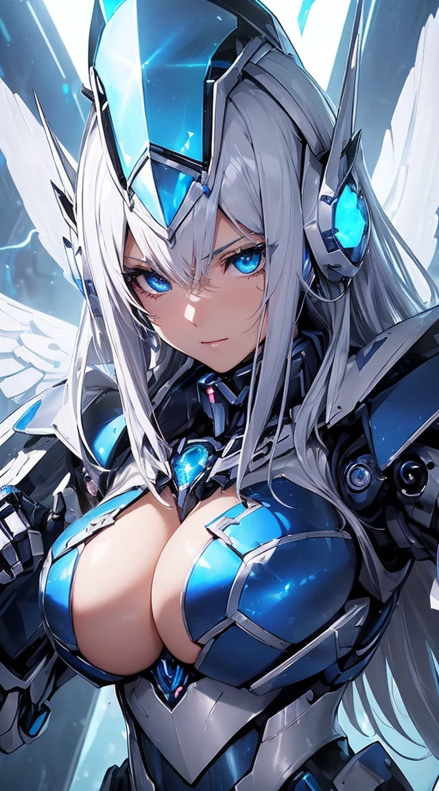 ((Extreme close up:1.6))、(((Lenses shining on both breasts:1.3)))、((Blue pillars of light radiate from both of his chests..:1.3))、break、(((Dynamic pose:1.8)))、smile、((8K)), ((32k)), ((Highest quality)), ((masterpiece)), ((超A high resolution)), ((Tmasterpiece)), ((Halation:1.4))、((Mechaニカルheadgear:1.2))、((Cyber Headphones:1.3))Fine skin, High quality fabric, High-quality metal texture、((Beautiful and dense face))、RAW Photos、Professional, Ultra-fine painting, ((alone)), Beautiful breasts、Highest quality, Very detailed, Very detailed詳細, Finer details, so beautiful, ((Princess Knight Robot:1.2)),  (Joint of the machine, Mechanical Limbs:1.3), (The internal structure of the machine is exposed:1.3), (Long silver hair:1.1), (Beautiful and huge mechanical breasts)、White Veil, cowboy_shot, Side Focus, headgear, Shiny、(Five Fingers, Four fingers and thumb),Concept Art, Anime fantasy artwork, Detailed fantasy art, (with pale blue-violet hair and large white wings,,,,,,,,), (((Long silver hair))), (Mecha:1.6)、Sleek and intimidating design, ((Commander-in-Chief&#39;arm)), (Perfect robot body)、純白と青紫のarmまたは, Symmetrical wings, 8K High Resolution, Detailed Art, 3D rendering of character art in 8K, neat legs, Defined, Defined fingers,((headshot:1.3))