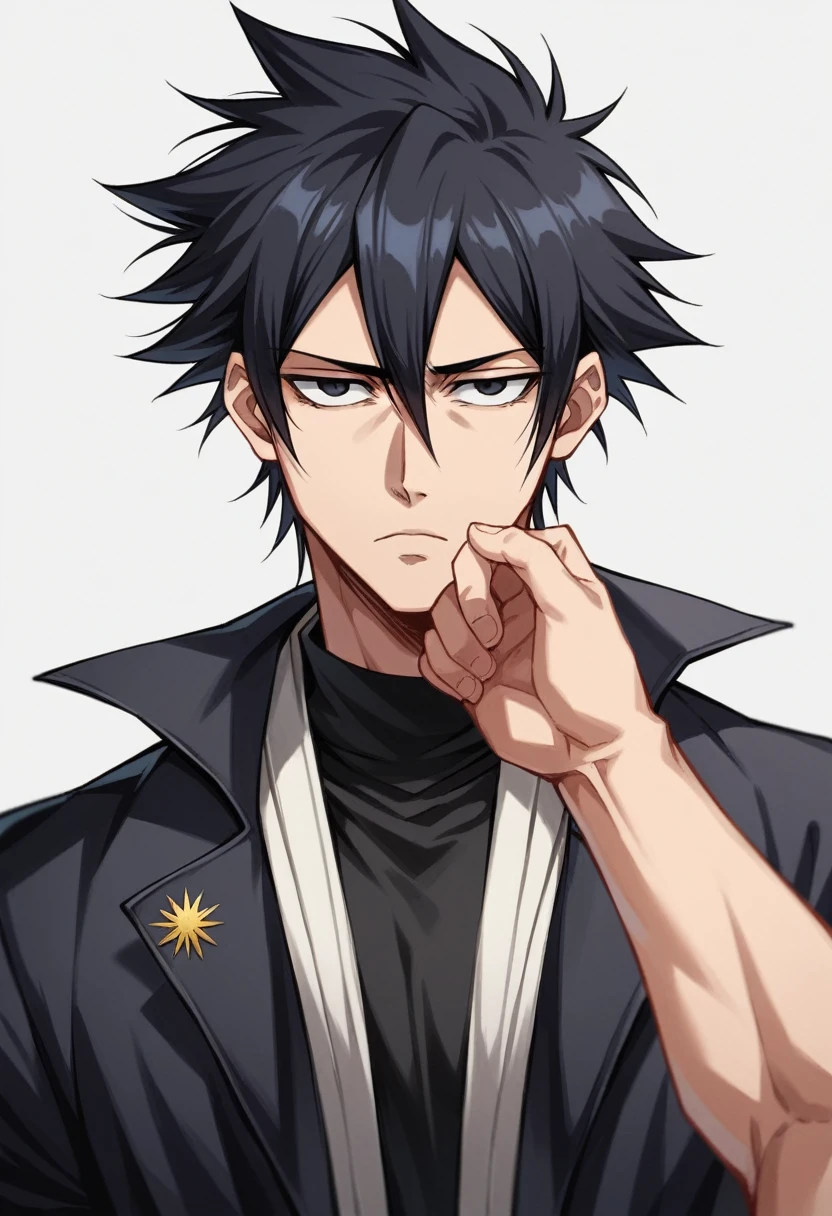 A high, handsome, perfect body, black hair, short hair, mullet black eyes, expressionless, black shirt, black jacket, anime, first-person view, bleach art style, masterpiece, anatomically correct, high details, highres, best quality, super detail, 1080P