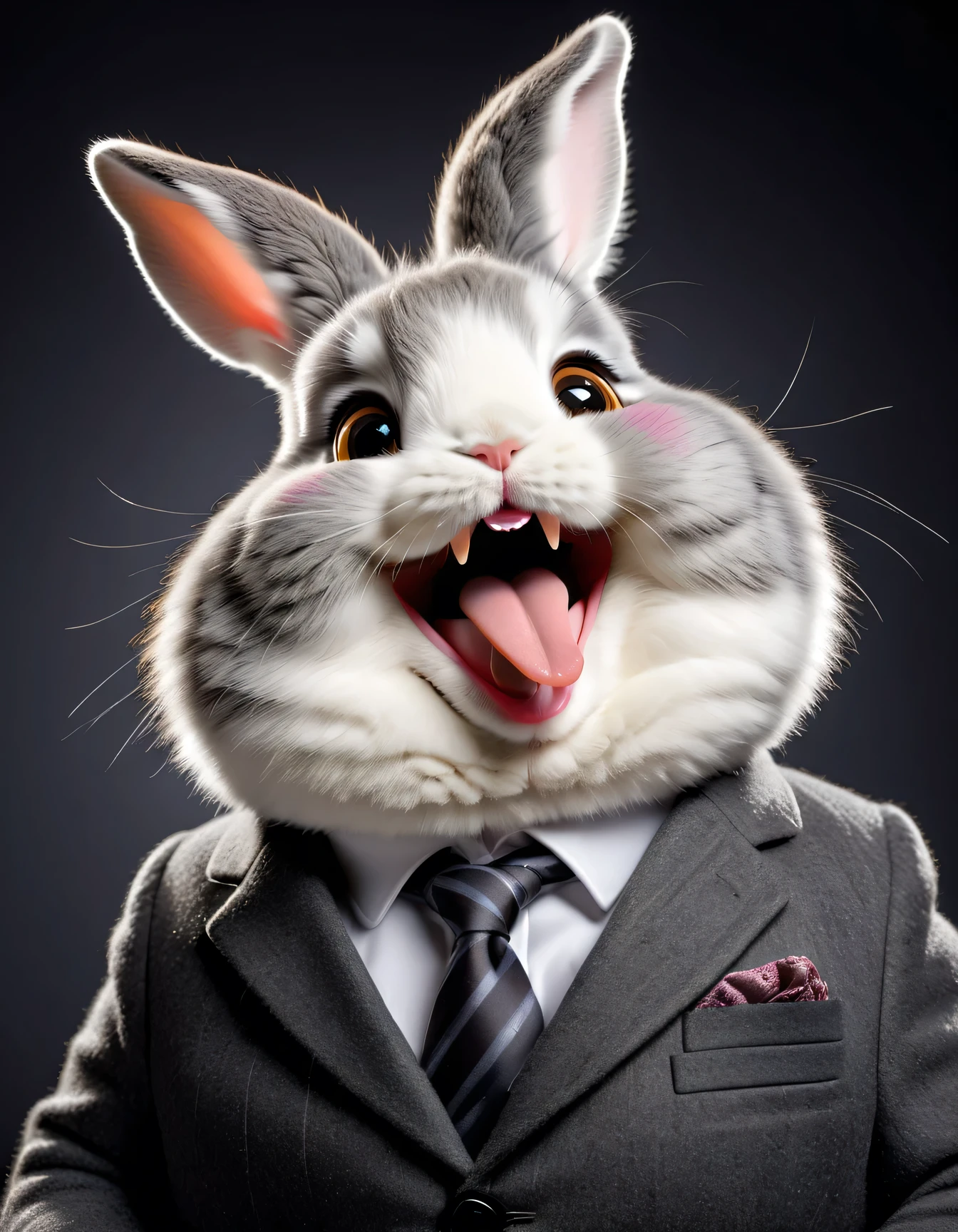 face close up photo of anthropomorphic fat angora rabbit,(furry), dressed in a dark gray suit, (sticking out tongue:1.5),(happy smile:1.5),(naughty look), roomlighting, Cinematic, hdr, primitive, Intricate, High quality, smoothing tones, Intricate details, Low contrast,(viewed from side above:2.0), (looking up to the side:2.0), simple background