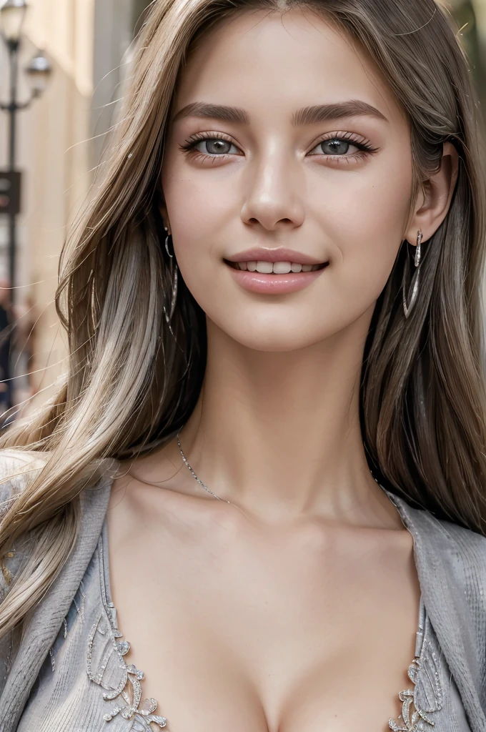 highest quality, masterpiece, Super High Resolution, Realistic, 8K, Beautiful 18 year old woman, Beautiful details, Beautiful Skin, smile, lips, Long eyelashes, Oversized cleavage, Stylish shirts, Full body photo, Graceful posture, Beautiful silver hair, Earrings, Beautiful bright colors, The stylish streets of Beverly Hills, Realistic lighting, Attractive look, (Looking into the camera)