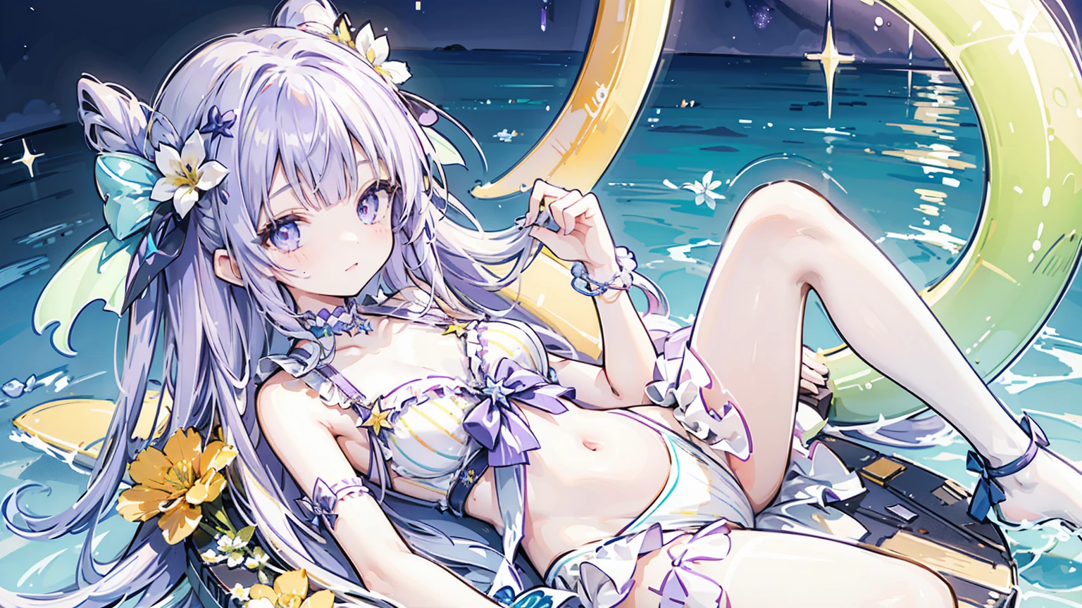 She has long, wavy lavender hair with an orange and green flower ornament and a star-shaped clip. Her eyes are bright green, and she has a cheerful expression. She is  wears a swimsuit with white and purple elements, blue bows, and frilly edges. Accessories include a bangle on her left wrist. The color palette creates a harmonious look, giving off a fun and playful summer vibe. She is in the sea where the night stars shine brightly.