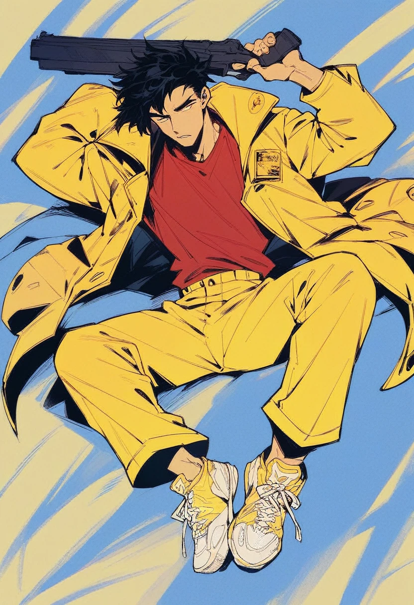 adult man, black hair, red shirt,solo, yellow jacket, yellow pants, yellow sneakers, gun on his waist

