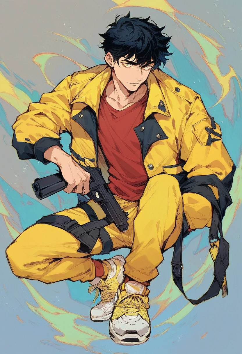 adult man, black hair, red shirt,solo, yellow jacket, yellow pants, yellow sneakers, gun on his waist