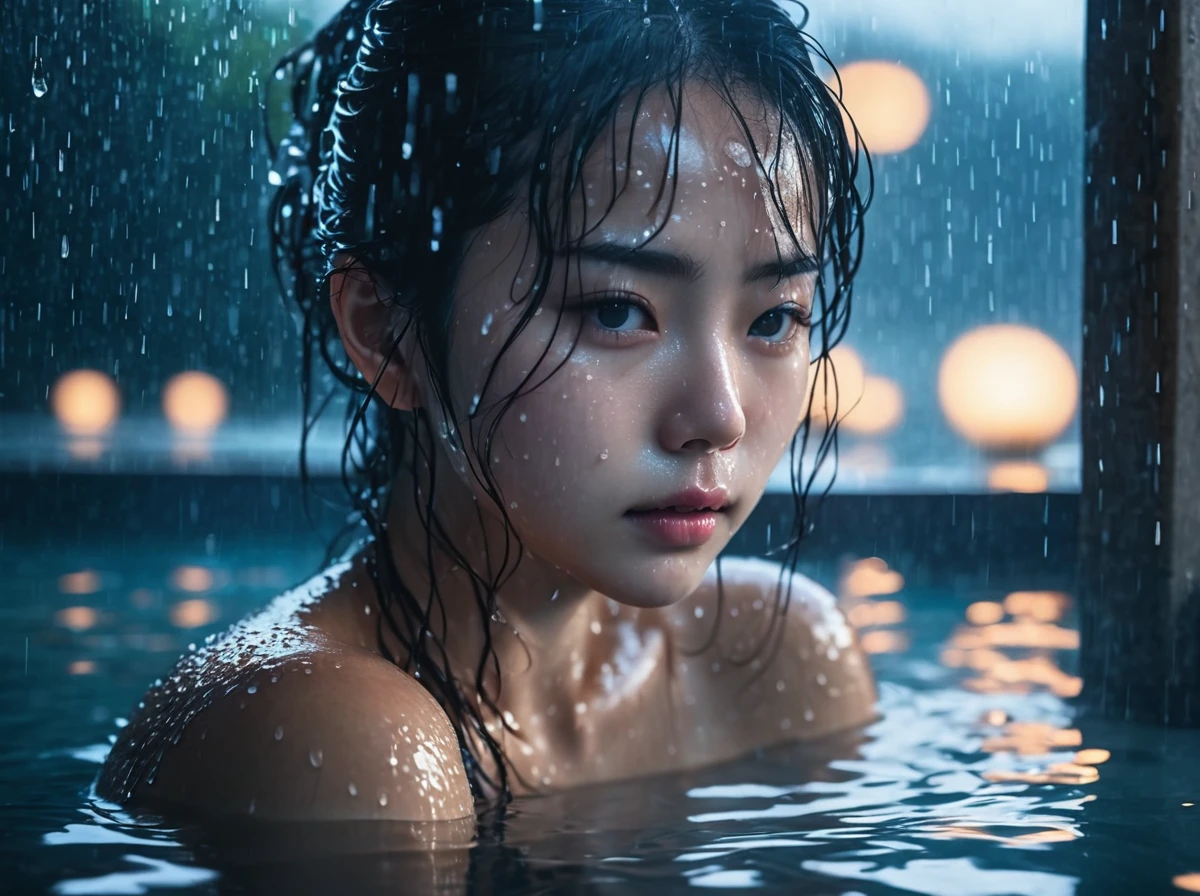 1 girl with moist skin,profile,(Wet Hair:1.2),(fog:1.2),haze,torogao,Shiny skin,Glowing Skin,(Partially submerged in the pool:1.2),(Wet Hair:1.2),shower,Rainfall,Immerse in water,moisture,(Japanese hot springs:1.4),(Cinematic Light:1.2),Dark Night,Clear Background,Kodak Portrait 400,landscape/scenery,against backlight at dusk,Beautiful detailed water,Cowboy Shot,Very beautiful eyes,, Highest quality, masterpiece, High resolution, Absurd, incredibly Absurd, Large file size, wallpaper, colorful,8K,RAW Photos