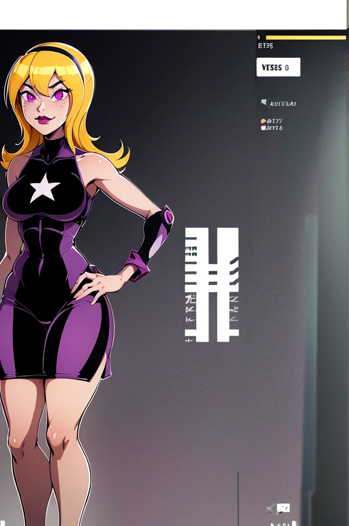 yellow hair, black dress, freckles, lipstick, big , purple eyes, Lucy Mann, big ass, seductive pose, solo, tight outfit, masterpiece, high quality, humanoid, ultra 4k