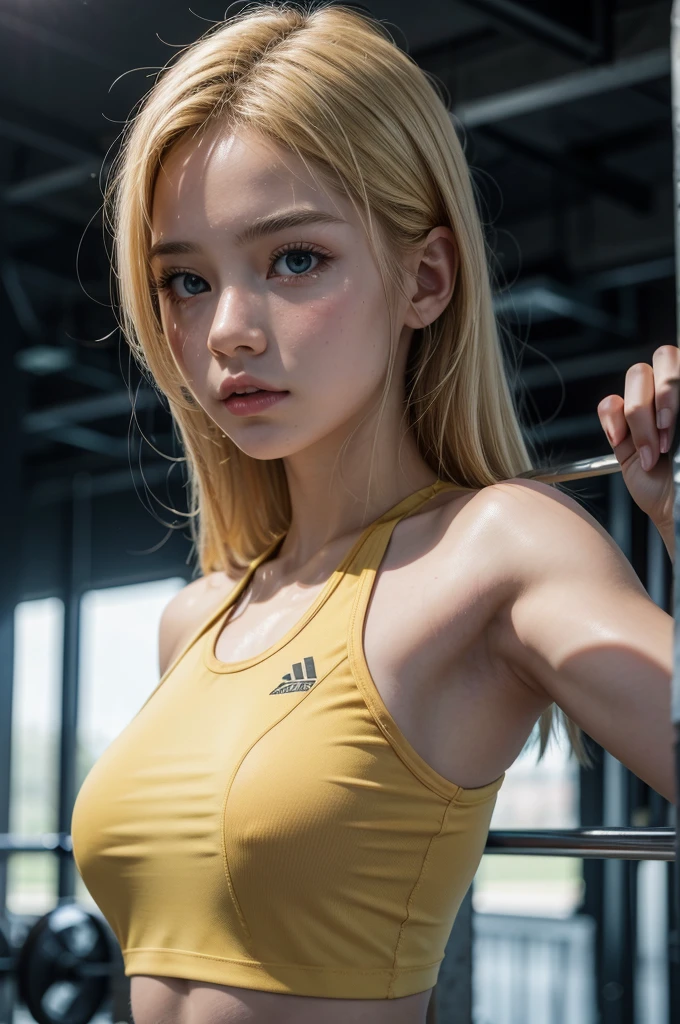 Create a girl dressed in a gym in blonde clothes, photo taken with a professional camera, high realism