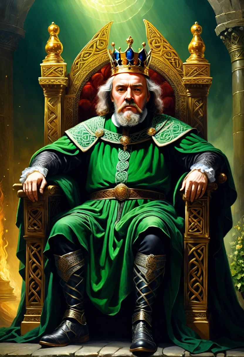 An old king sitting on his throne, mentally tormented、Celtic legends、Shakespeare's storybook world、