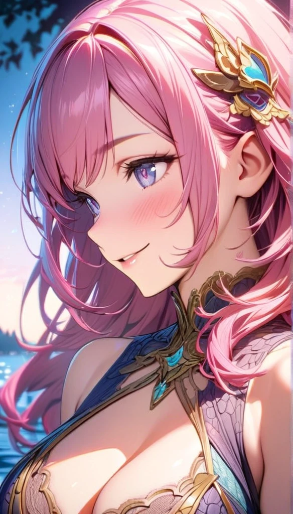 beautiful girl, long pink hair, beautiful face,smiling,close up to hips, beautiful breast, in the middle of beautiful lake, (open mouth:0.4),illustration,detailed textures(realists),ultra-detailed,portrait style,vivid colors,soft lighting, blushing, mature, hair fluttering, cool moonlight light, ((half body)), cleavage, wearing intricate dress, perky. ((side profile half body)), hair accessories
