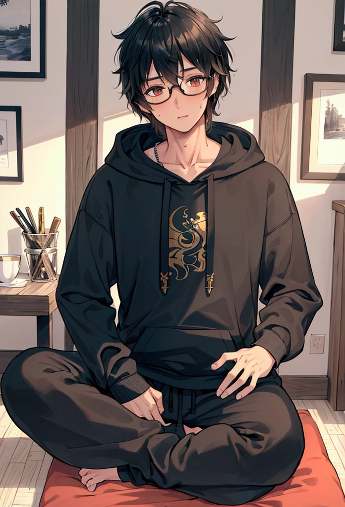 1.5, best quality, high quality, High definition, High quality texture, high detail, beautiful detailed, finely detailed, extremely detailed cg, detailed texture, 1man, boy, male, ((casual)), loose clothing, hoodie, sweatpants, round glasses, black hair, shaggy hair, warm colors, relaxed, sitting down