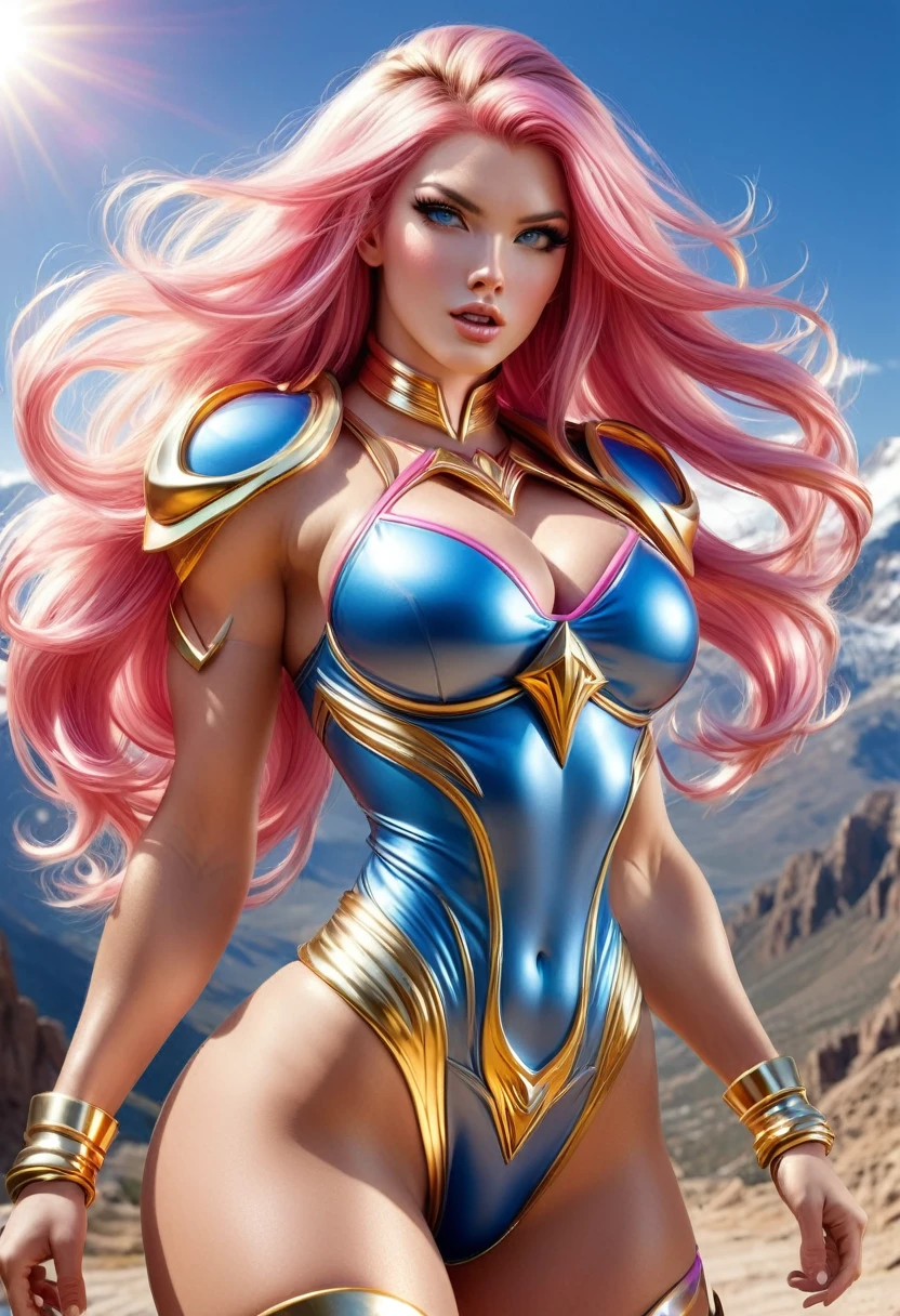 BEAUTIFUL PINK HAIR BOMBSHELL FEMALE GODDESS, TOO HUGE LONG HAIR, TOO VOLUMOUS HAIR, WIND EFFECT, LIGHT GRAY EYES, FACE MAKEUP, PALE SKYN, ROSY CHEEKS, MENTAL FORAMEN, TRIANGULAR FACE, ANGRY FACE EXPRESSION, STRAPLESS CLEAVAGE, BLUE PINK LEATHER BODYSUIT, GOLDEN DETAILS, GOLD HEADBAND, GOLD GAUNTLETS, LONG GOLDEN GAUNTLETS, GOLD CHOKE COLLAR, GOLD SANDALS, STRONG ATHLETIC BODY, MUSCLES, ARMS, DETAILED DELTOIDS, THICK GORGEOUS THIGHS, DETAILED QUADRICEPS, ABDOMEN, DEEP DESERT, ROCKY MOUNTAINS, SUN, BACKLIGHTS, MASTERPIECE, ACCURATE IMAGE